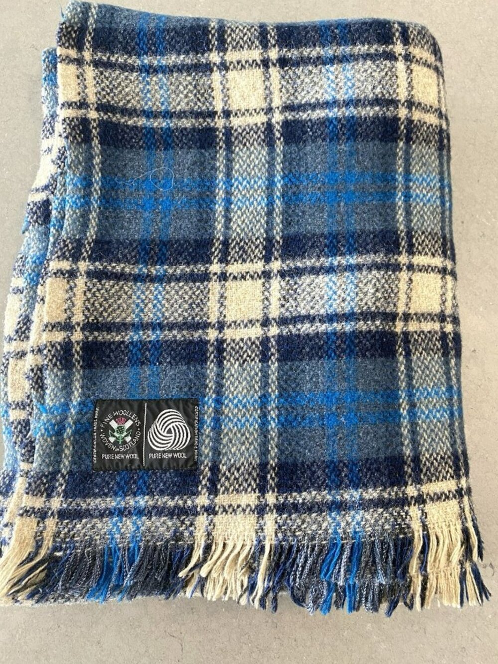 Vintage Scotland Fine Wollens Wool Blanket Blue Plaid 67Lx55W
